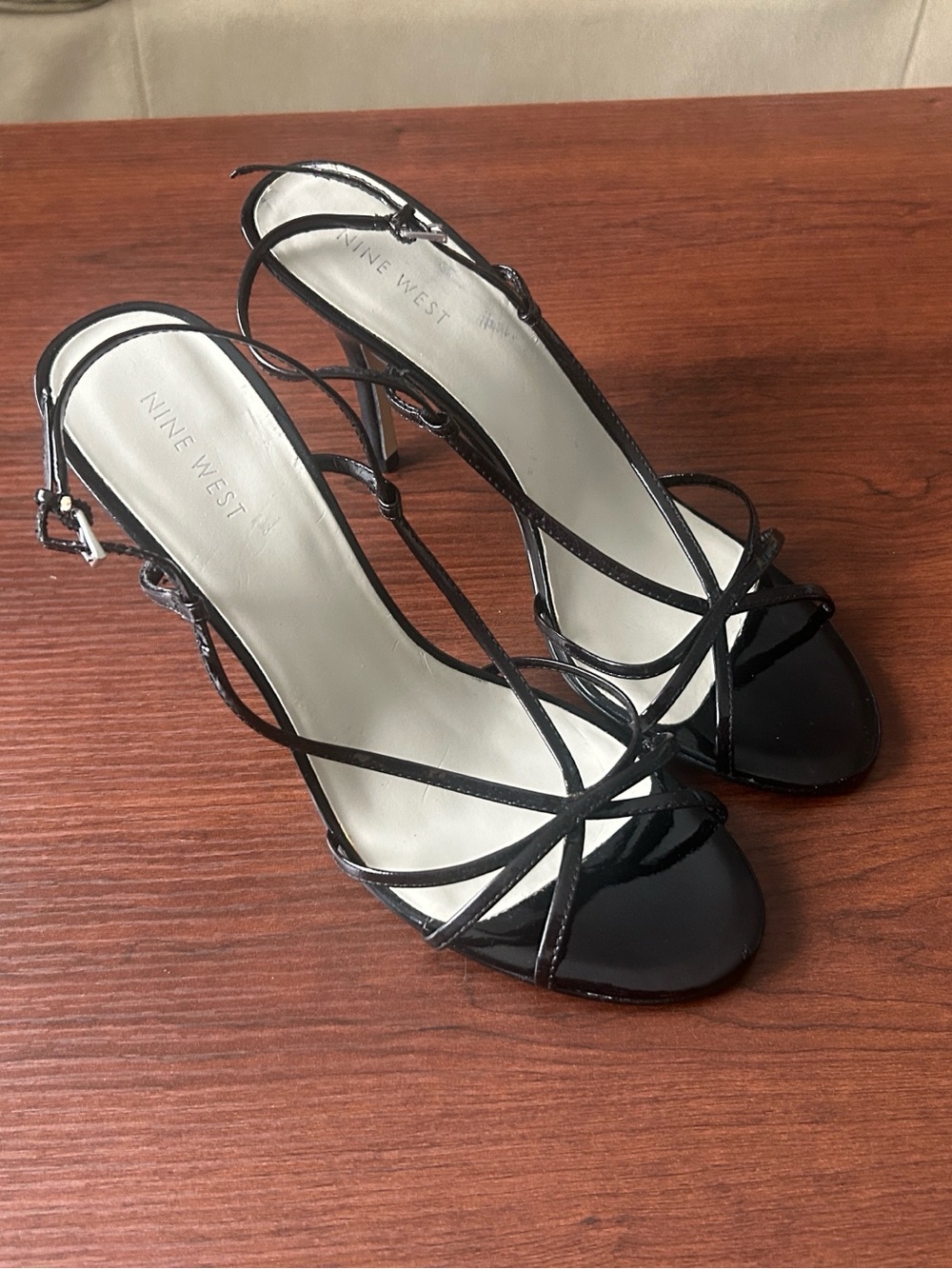 Vintage Y2K Nine West Black Patent Leather Strappy Stiletto Sandals